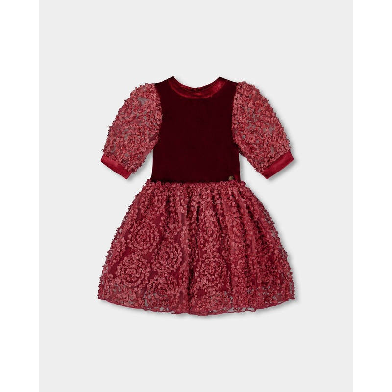 Puff Sleeve Bi-Material Velour And Lace Dress Red