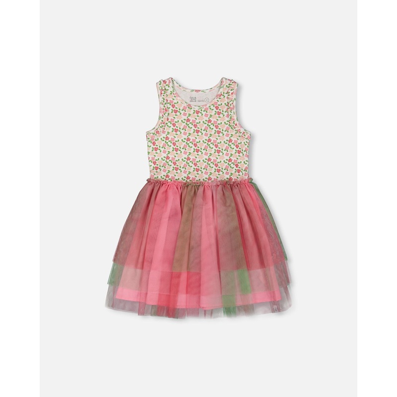 Bi-Material Cotton And Mesh Dress Small Flowers And Multicolored Gradient Skirt