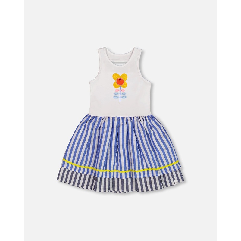 Bi-Material Cotton And Seersucker Dress White And Royal Blue