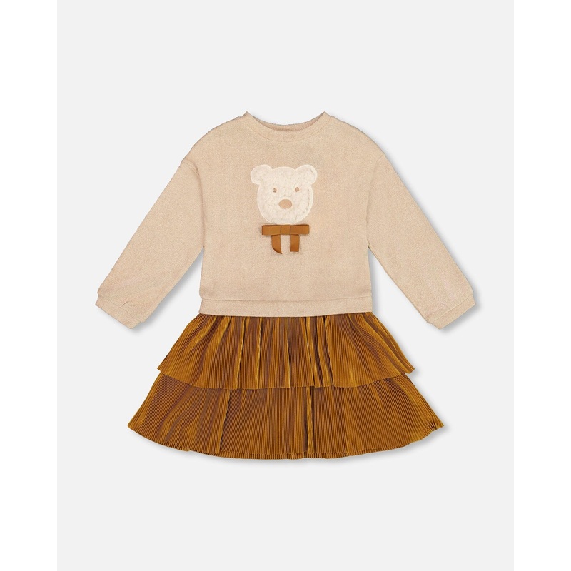 Bi-Material Dress Caramel Brown With Layered Skirt