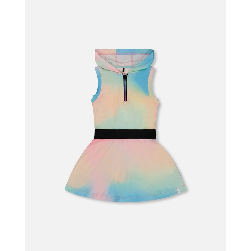 Hooded Dress With Elastic Waist Multicolored Tie Dye
