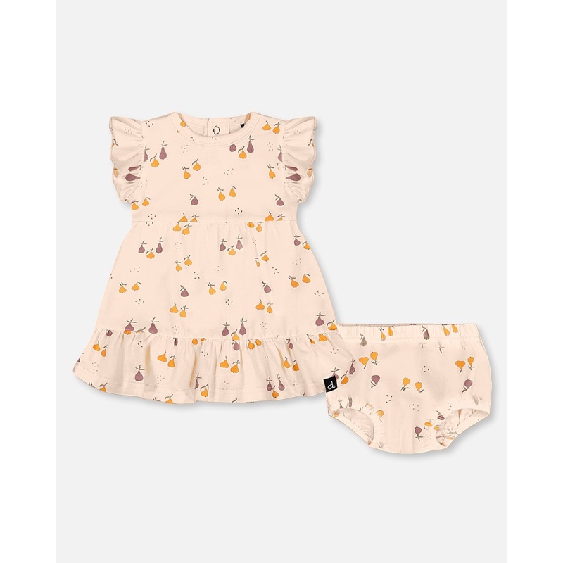 Printed Organic Cotton Dress And Bloomer Set Peach With Pears