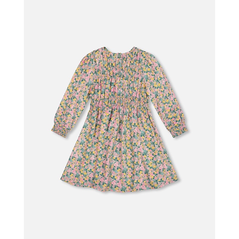 Smocked Viscose Dress Green With Floral Print