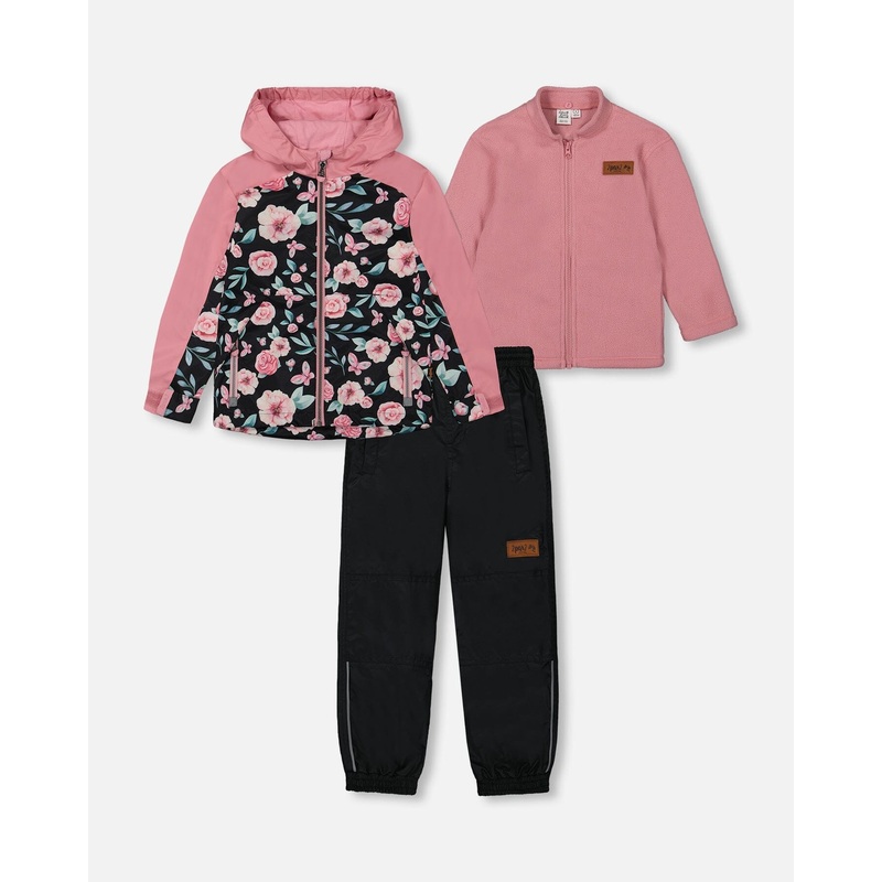 3-In-1 Mid-Season Outerwear Set With Printed Jacket Pink, Black, And Flowers
