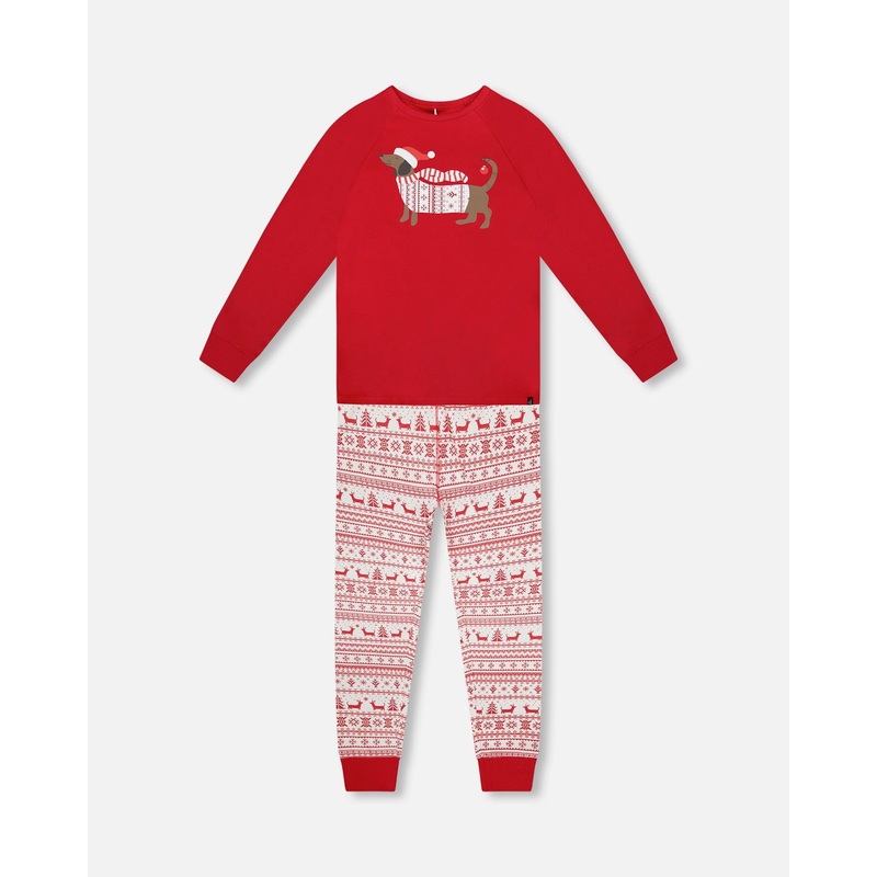 Adult Men Organic Cotton Two-Piece Pajama Set Red And White Fairisle