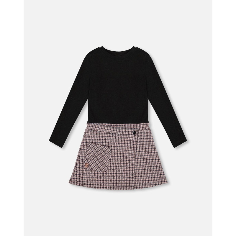Bi-Material Dress Black And Houndstooth