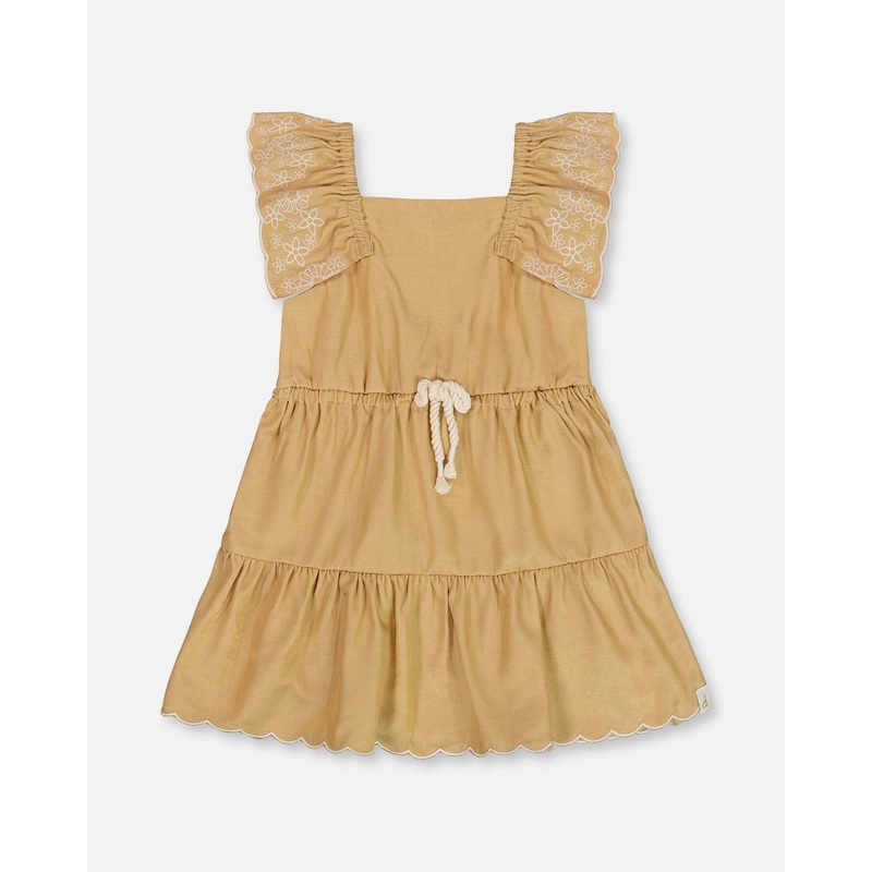 Chambray Dress With Embroidery Golden Beige