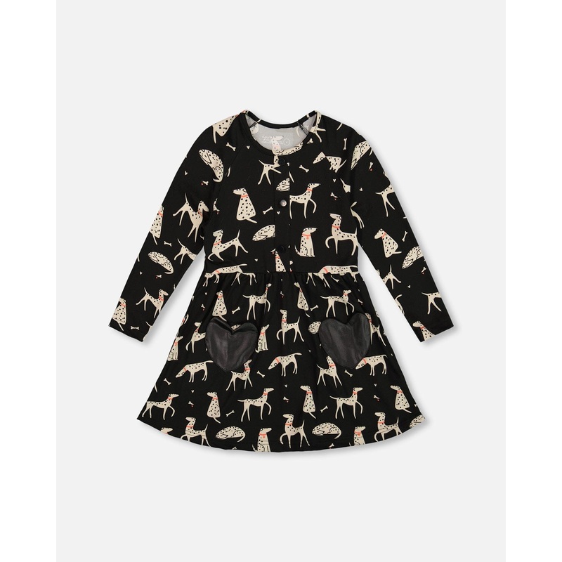 Half Button Jersey Dress Black Dalmatian Print