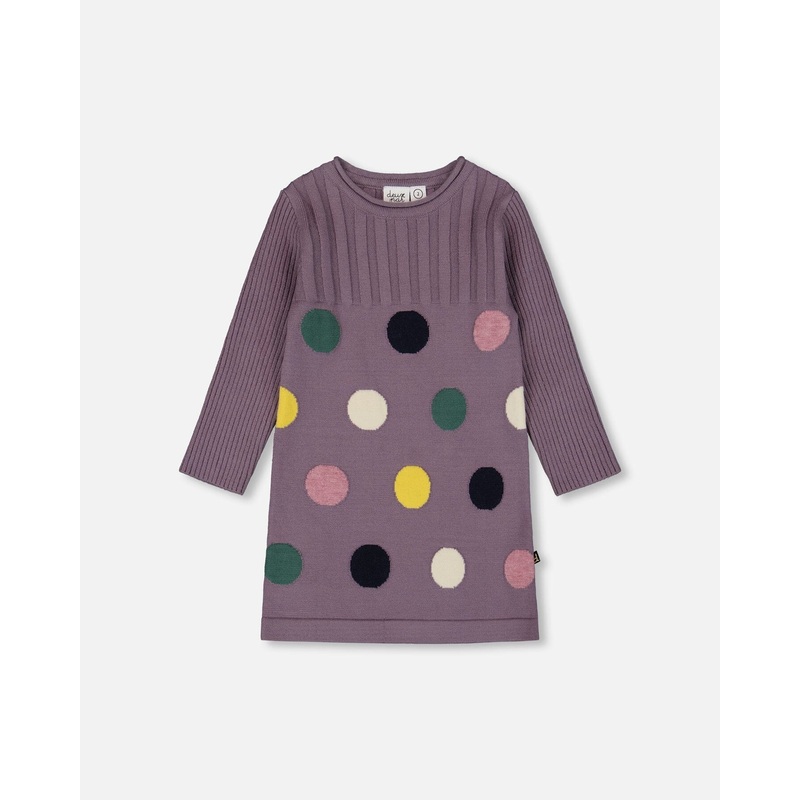 Jacquard Sweater Dress With Polka Dot Pattern Purple Gray