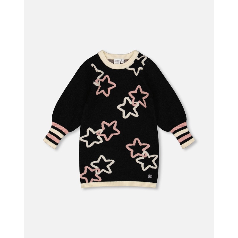Long Sleeve Knit Dress Black With Stars