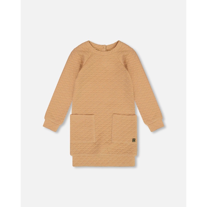 Long Sleeve Shiny Quilted Dress With Pocket Golden Brown