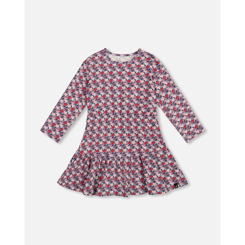 Organic Cotton Dress With Flounce Hem Blue Apple Print