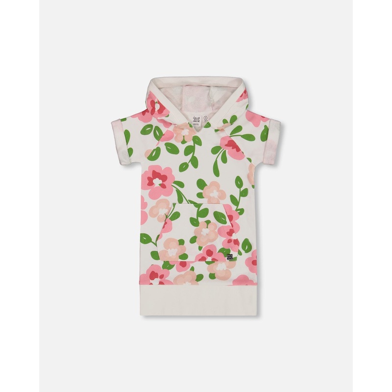 Printed French Terry Hooded Dress Pink Flowers On White Background