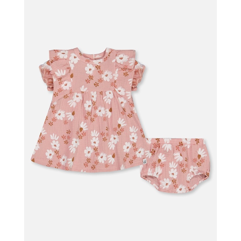 Printed Muslin Dress And Bloomer Set Pink And White Flowers