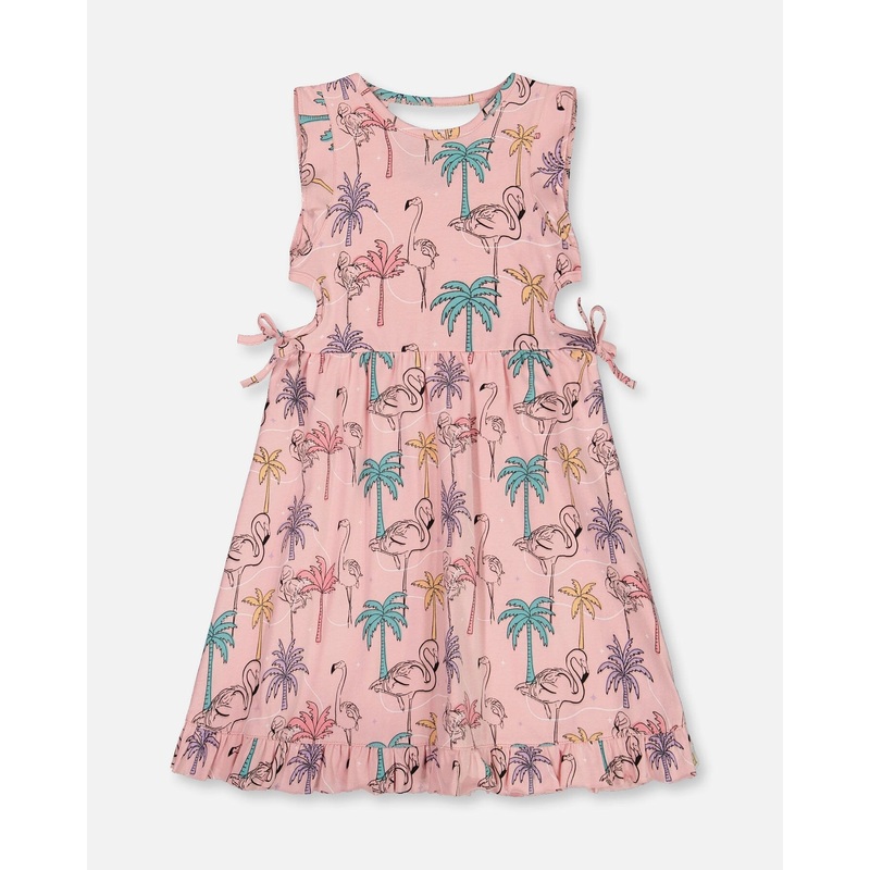 Printed Organic Cotton Dress With Cut Outs Palm Trees, Pink Flamingo, And Turquoise