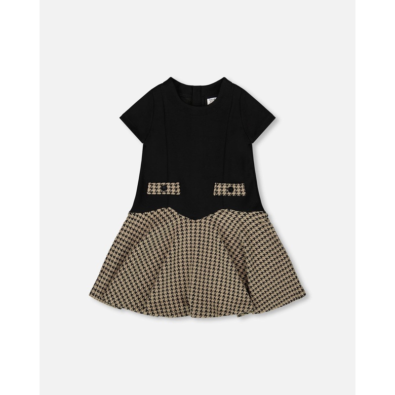 Short Sleeve Bi-Material Milano And Jacquard Knit Dress Black