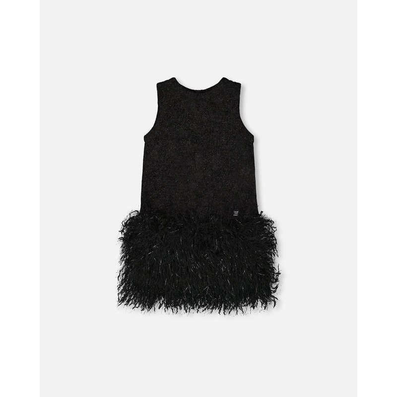 Sleeveless Bi-Material Lurex Dress With Feathers Black