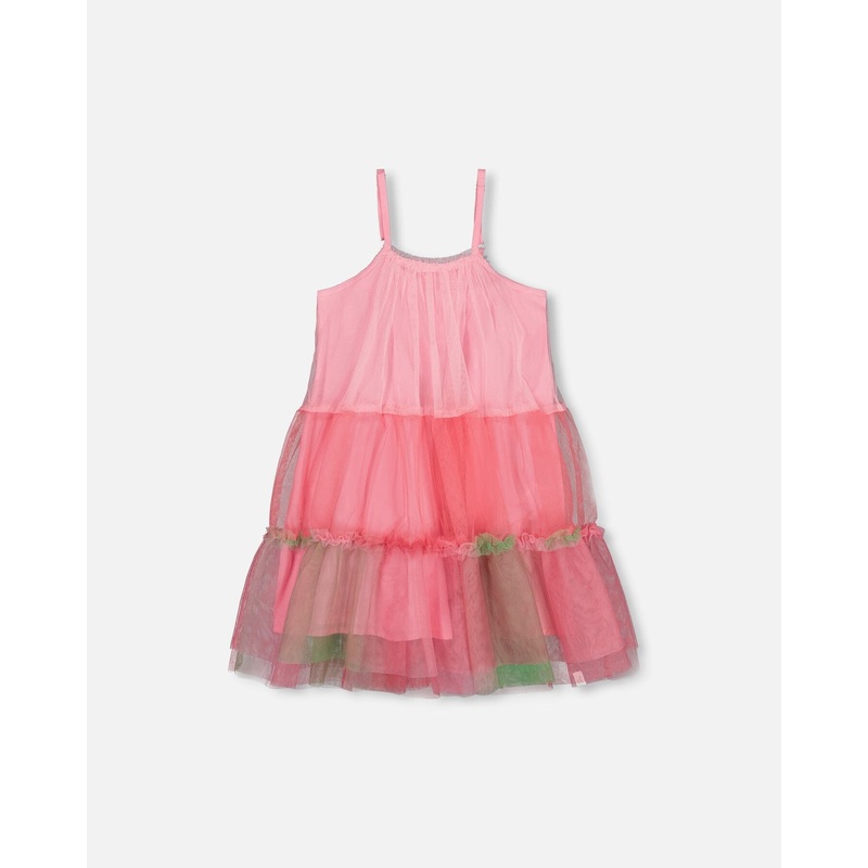 Sleeveless Color Block Tulle Dress Pink And Green