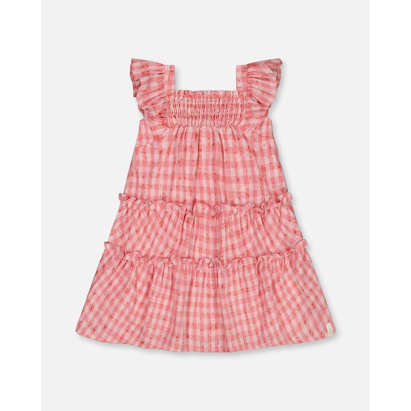 Smocked Layered Dress With Frill Sleeve Checked Pink