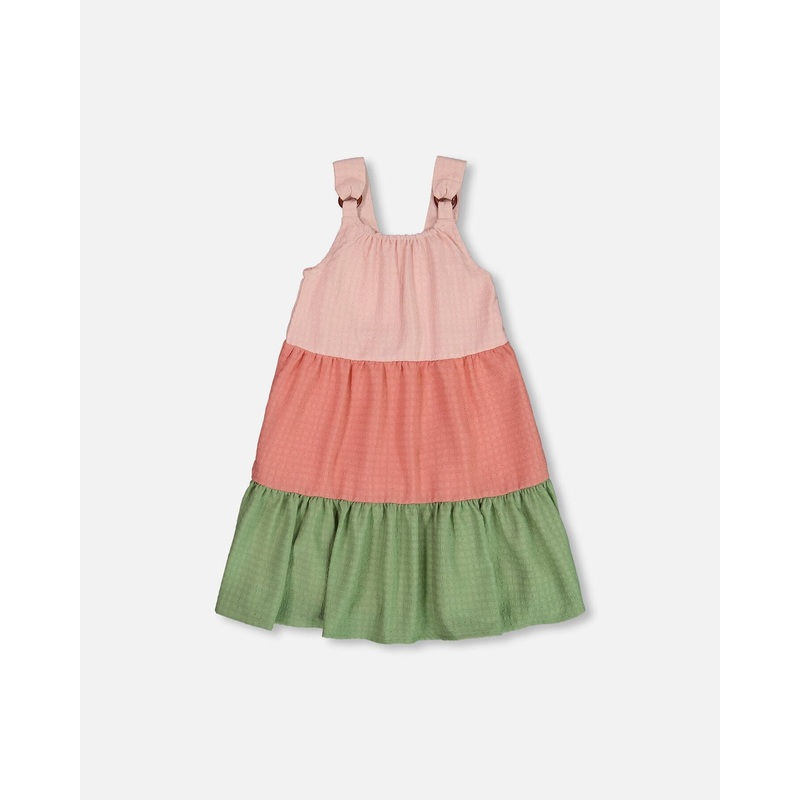 Tiered Color Block Peasant Dress Peach Pink And Green