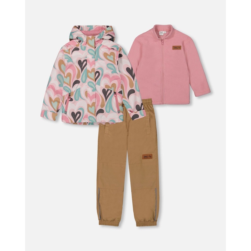 3-In-1 Mid-Season Outerwear Set With Printed Jacket Light Pink And Beige Pant