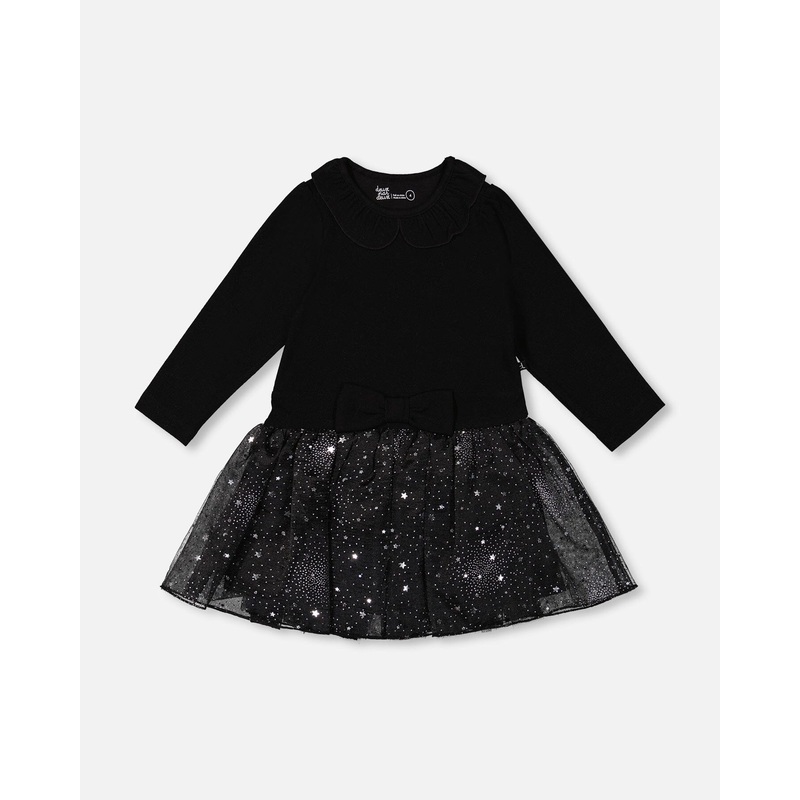 Bi-Material Dress With Glittering Skirt Black