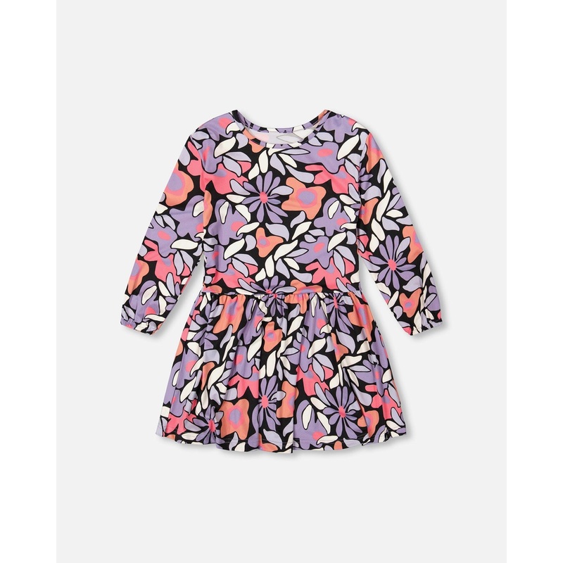 Jersey Dress Black Retro Flower Print