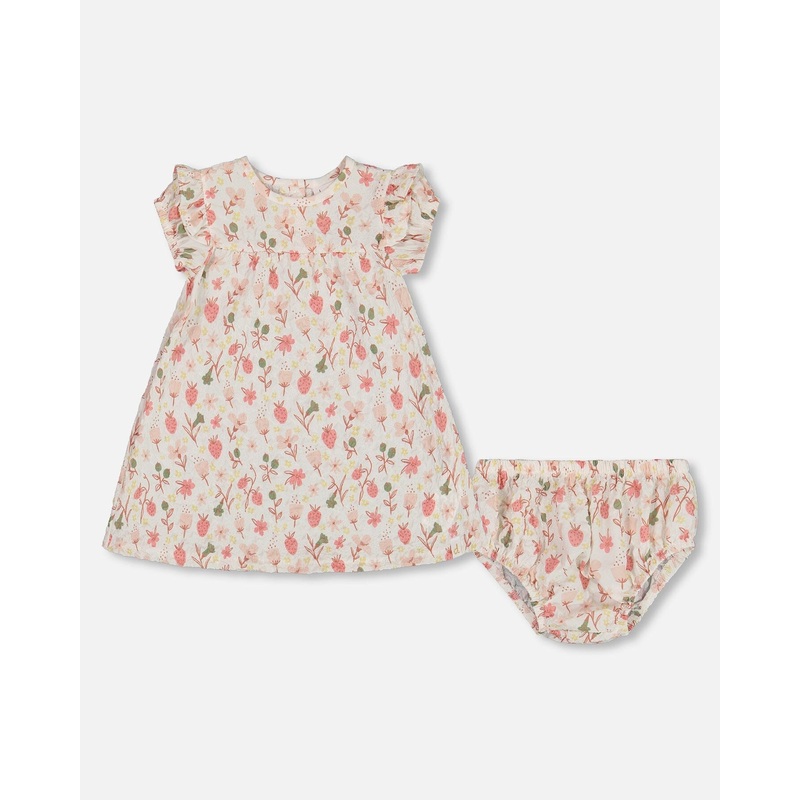 Printed Seersucker Dress And Bloomer Set Pink Flowers On Cream Background
