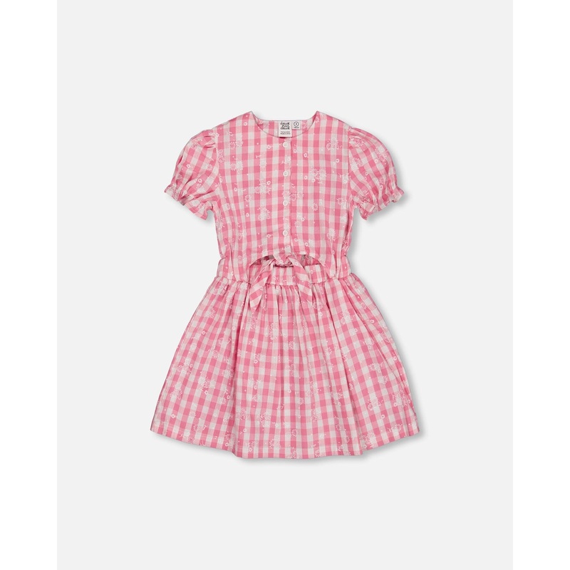 Puff Sleeve Dress With Waist Tie Pink And White Checks