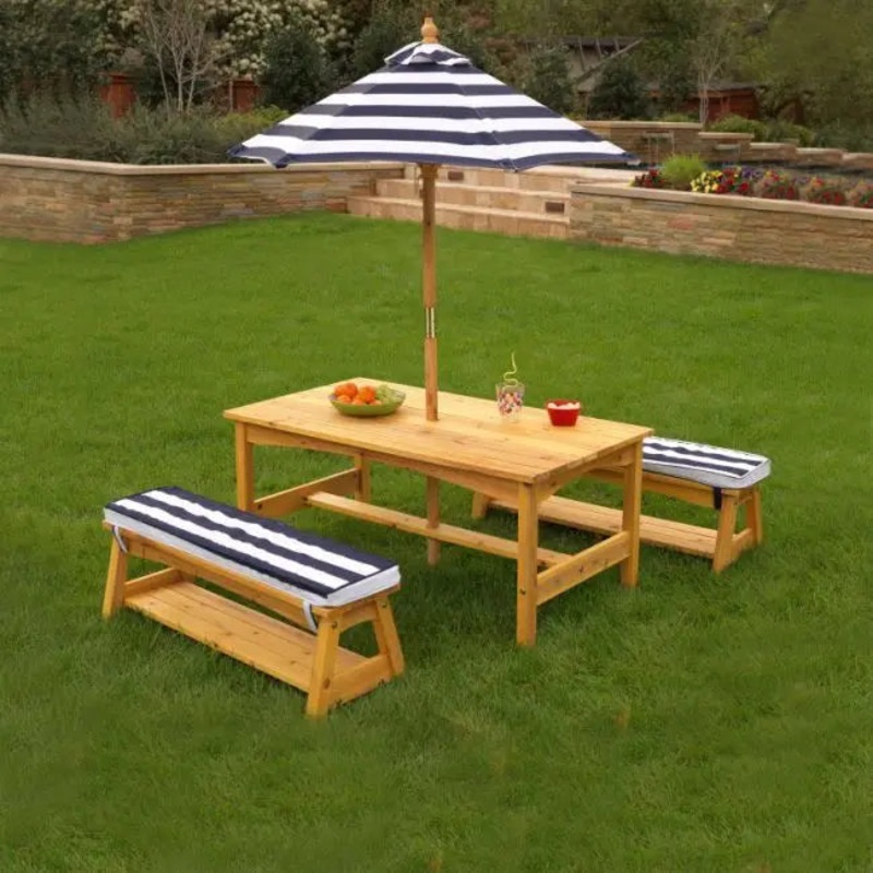 Outdoor Table & Bench Set with Cushions & Umbrella – Navy & White Stripes 106