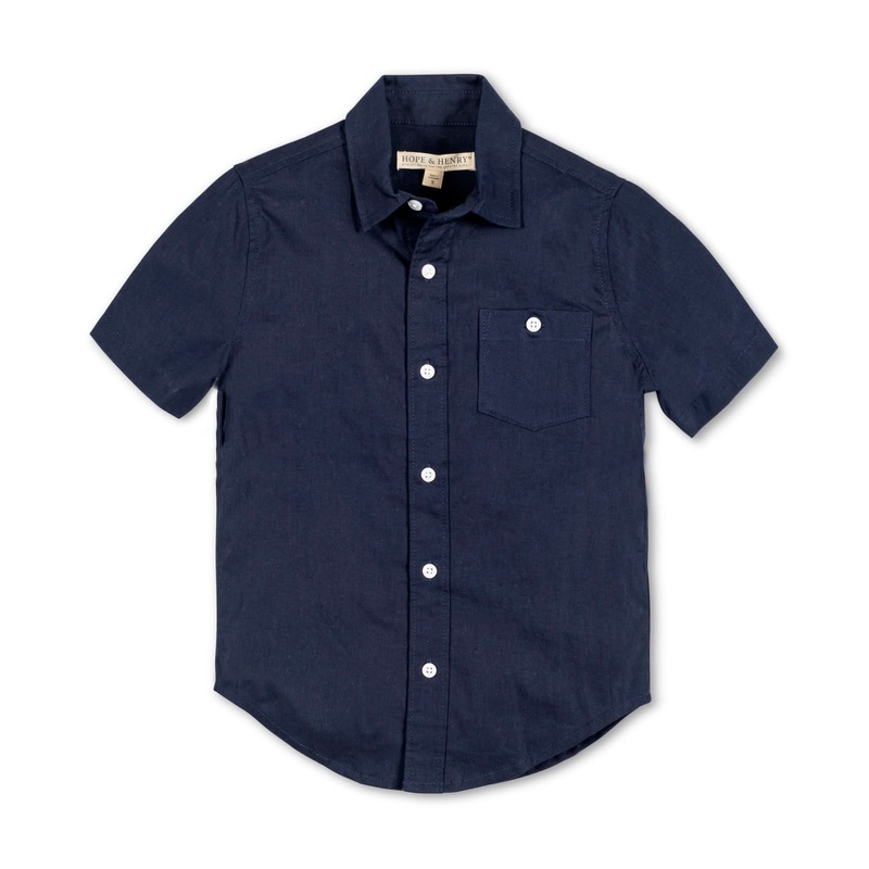 Hope and Henry – Linen Short Sleeve Button Down Shirt Navy Solid Small