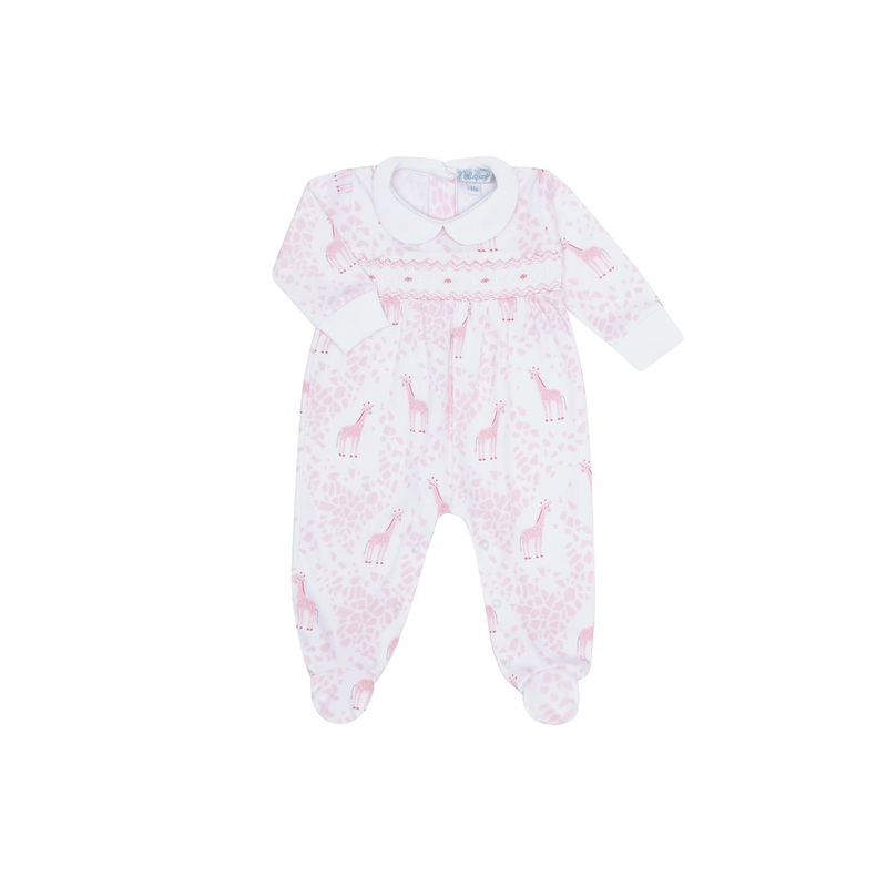Pink Giraffe Print Smocked Footie Pink 0 – 3M
