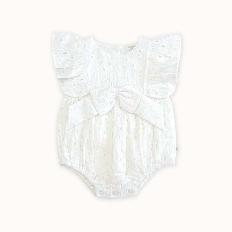 Viverano Organics – Luna Schiffli Ruffle & Bow Baby Girl Romper (Organic) 12-18M Off-White