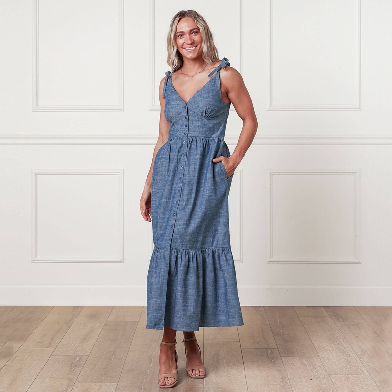Hope and Henry – Organic Chambray Maxi Dress 10 Chambray