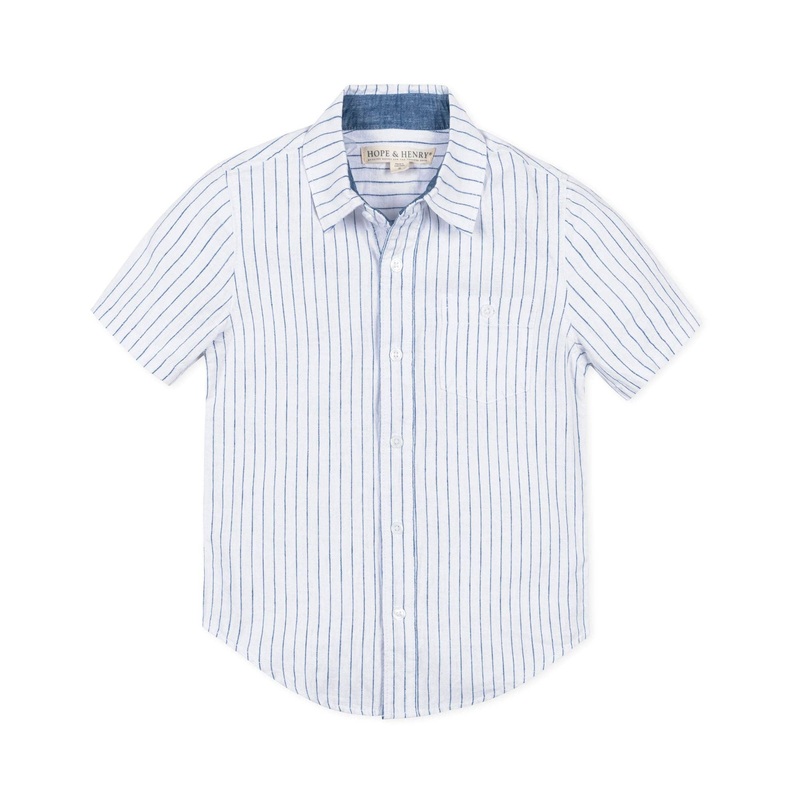 Hope and Henry – Linen Short Sleeve Button Down Shirt White Court Pinstripe Small