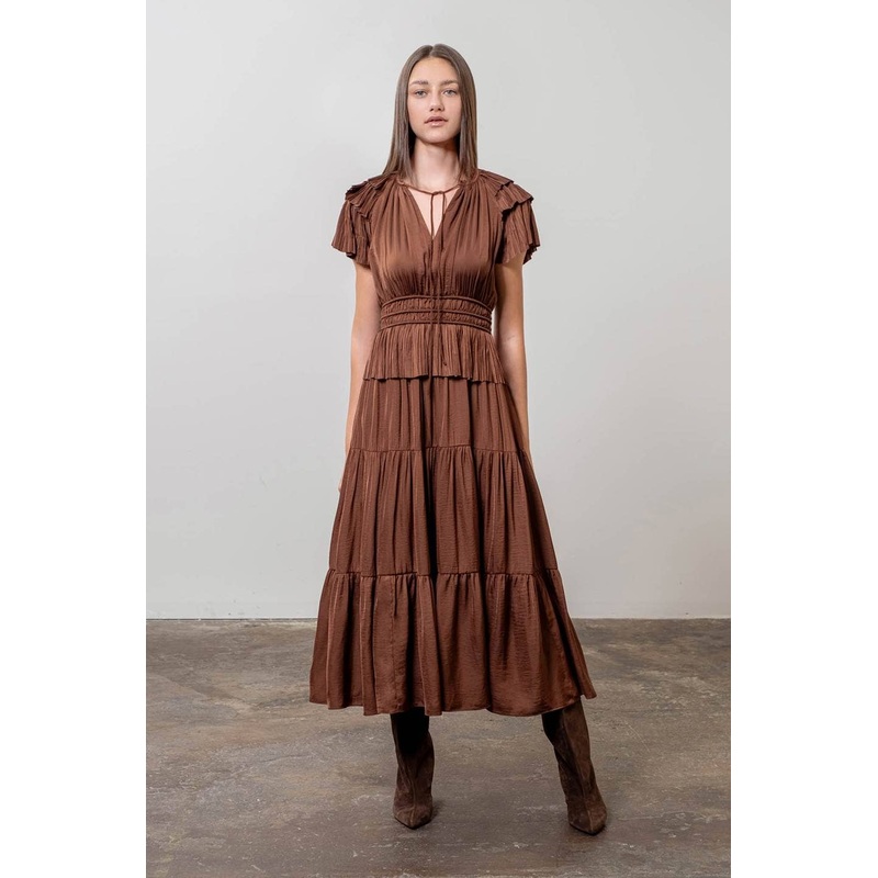 Pleated Short Sleeve Front Tie Tiered Midi Dress XS