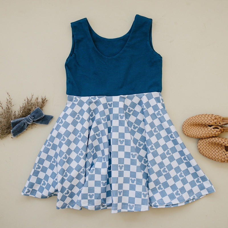 Blue Mouse Check Twirl Dress (Peacock Bodice) 6-12 Months Classic Tank