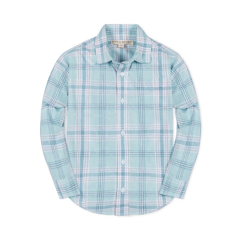 Hope and Henry – Linen Button Down Shirt Tea Room Blue Plaid Small