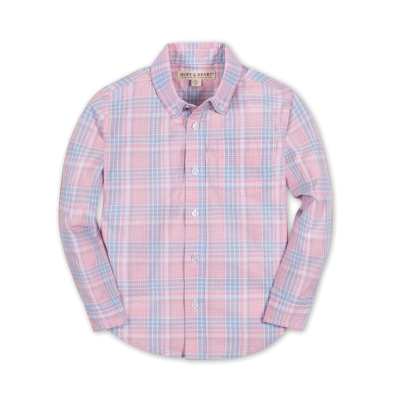 Hope and Henry – Organic Stretch Poplin Shirt Pink Petal Plaid Small