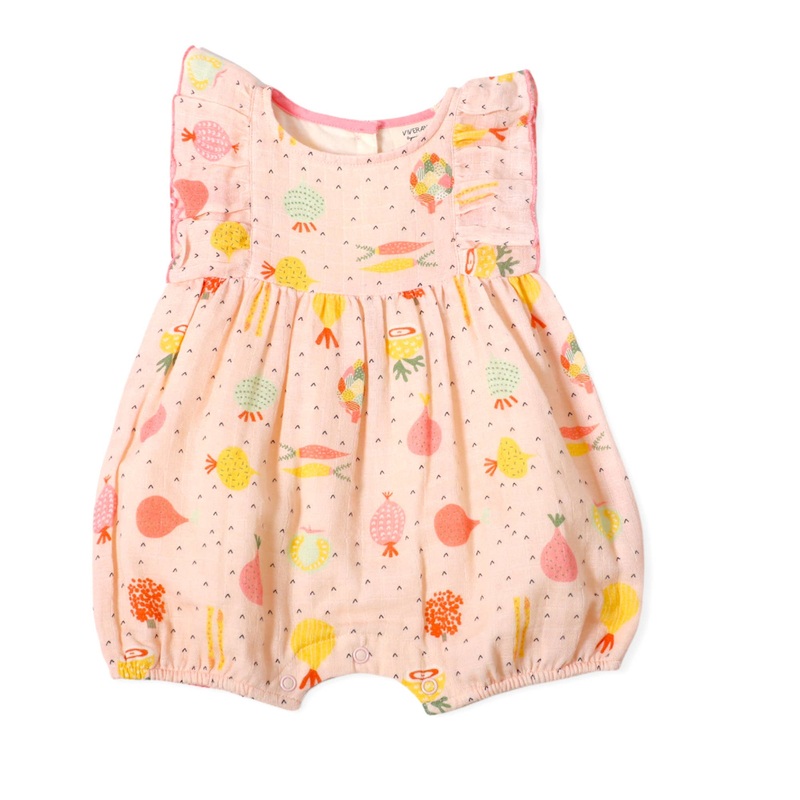 Viverano Organics – Veggie Ruffle & Flutter Baby Short Romper (Organic Muslin) Blush 12-18M