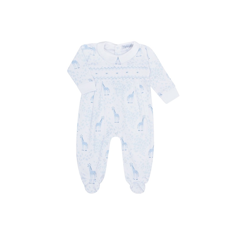 Blue Giraffe Print Smocked Footie Blue 0 – 3M