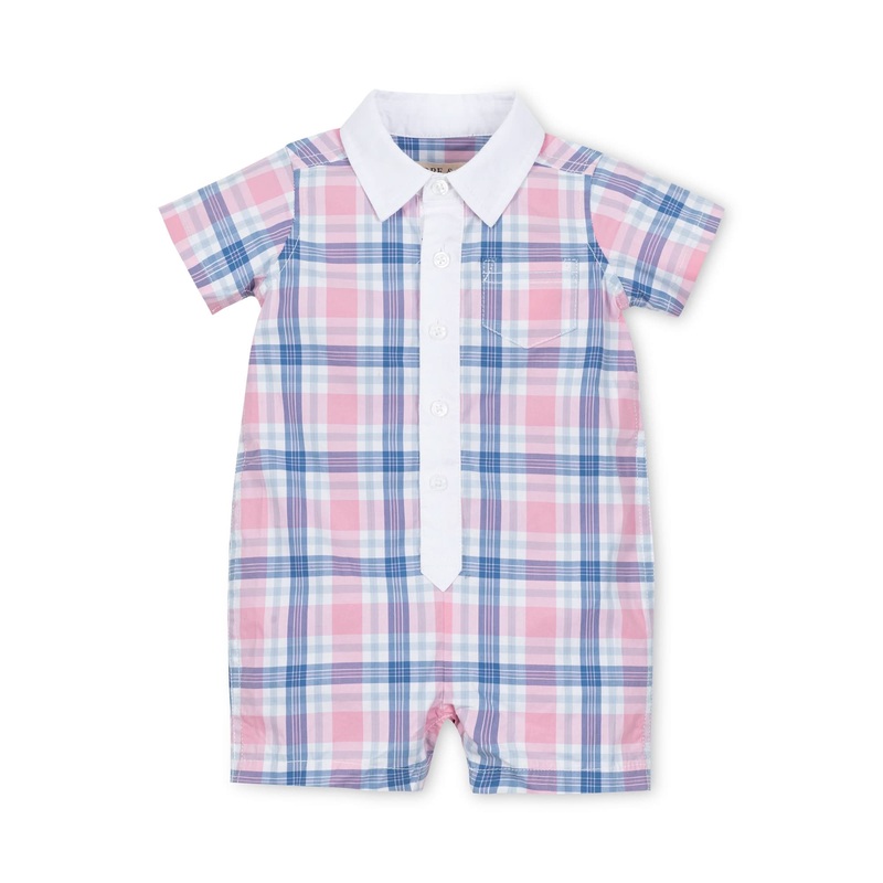 Hope and Henry – Stretch Organic Poplin Button Front Romper Fresh Pink and Blue Plaid 0-3 Months