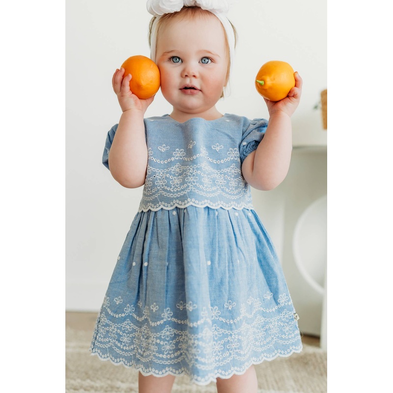Viverano Organics – Isla Chambray Baby Dress + Bloomer (Organic Cotton) Ocean Blue 18-24M