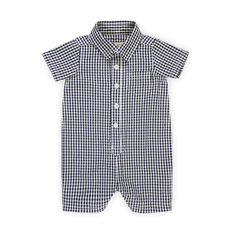 Hope and Henry – Organic Seersucker Button Front Romper 0-3 Months Navy Gingham Seersucker