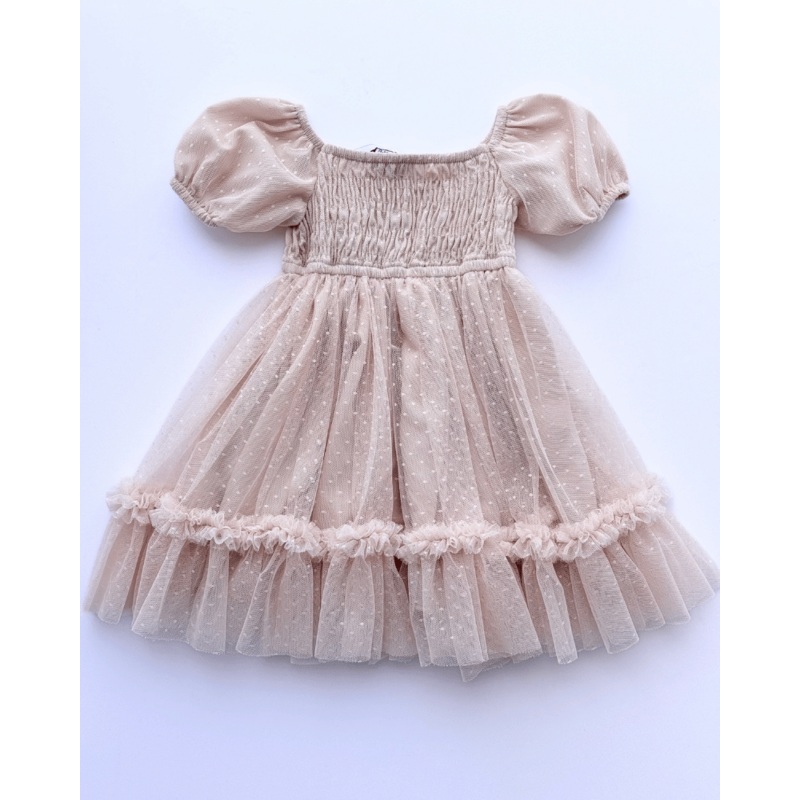 Smocked Dots Tulle Dress – Champagne 0-3months