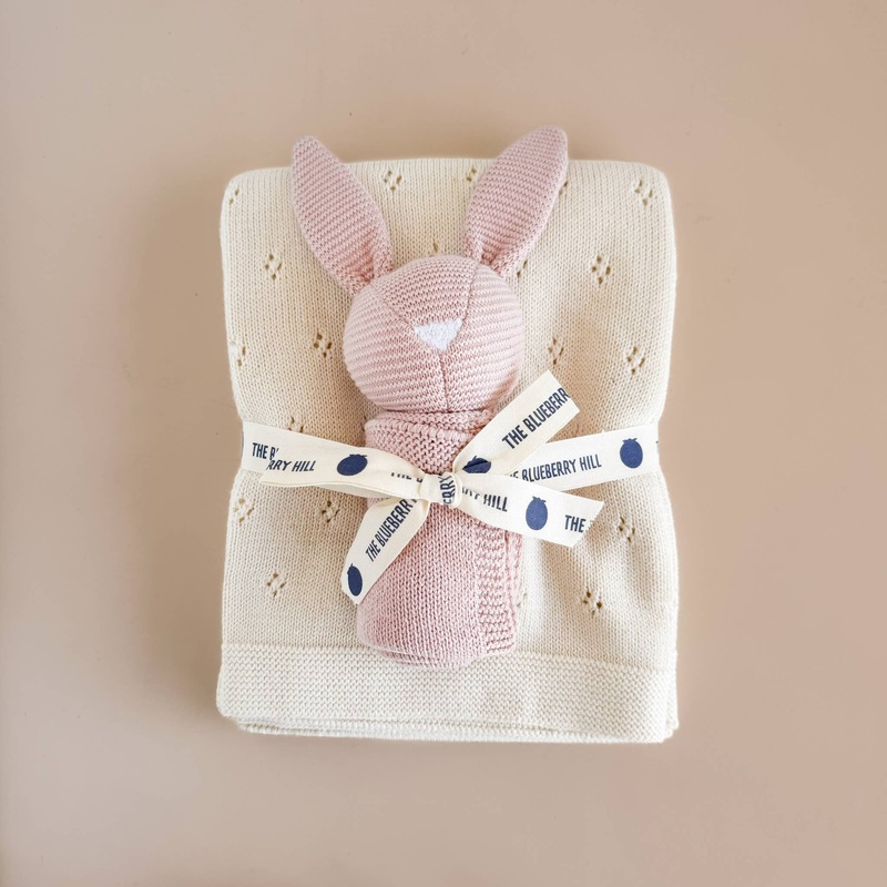 The Blueberry Hill – Blush Bunny Lovey Cream Blanket Set Organic Cotton Baby Gift