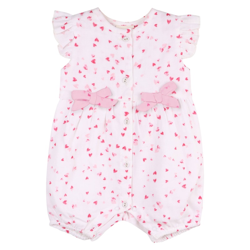 Viverano Organics – Dora Fluttering Hearts Bow Baby Romper (Organic Muslin) Off White 0-3M