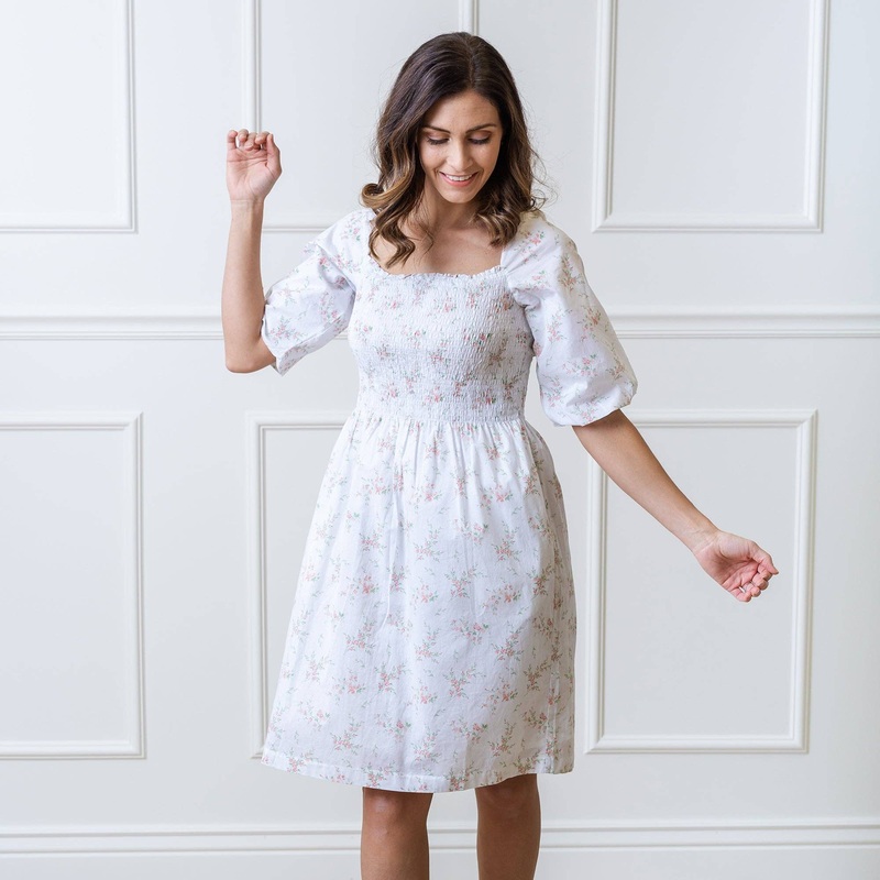 Hope and Henry – Smocked Bubble Sleeve Organic Dress Pink and Green Bouquet Floral 4