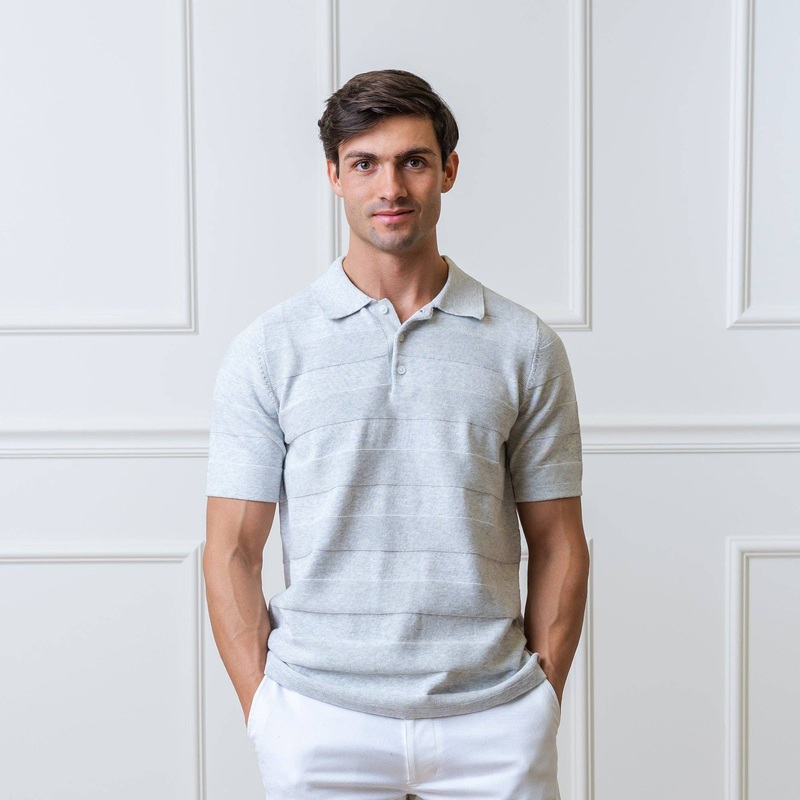 Hope and Henry – Short Sleeve Sweater Polo Light Gray Heather Textured Stripe Small