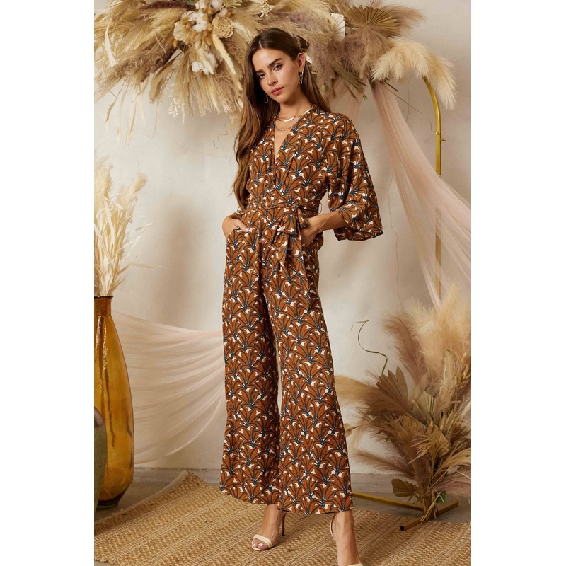 Endless Blu – QR8304 Printed Jumpsuit COFFEE/ECRU Large